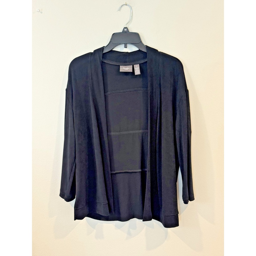 Chicos Travelers Jacket Sweater Black Slinky Knit Sz 1 Open Front Long Sleeves